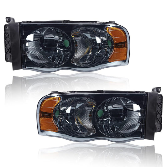 G-PLUS Headlights Assembly, Compatible with 2002 2003 2004 2005 Dodge Ram 1500 2500 3500 Bumper Headlamp, Smoky Lens Chrome Housing Amber Reflector