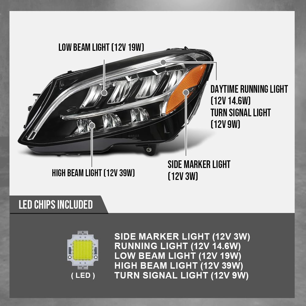 G-PLUS LED Headlight Left Driver Side Compatible with Benz C300 C43 W205 2019 2020 2021 2059066104, 2059066004 Black