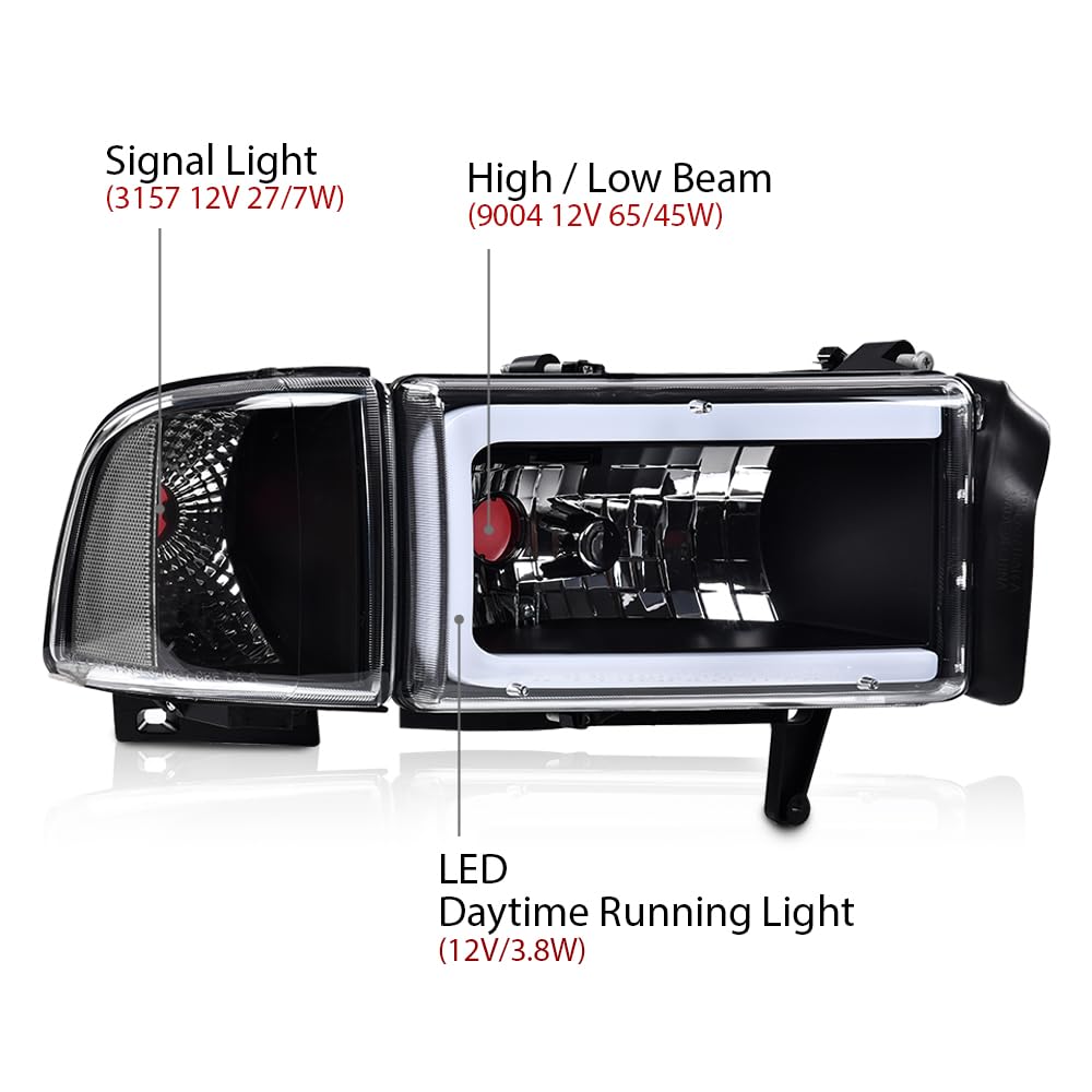 G-PLUS LED Light Strip Headlights w/o Bulbs Fit Dodge Ram 1500 1994-2001/Dodge Ram 2500 3500 1994-2002 Clear Lens Black Housing Clear Reflector Bumper Headlamps,faros delanteros Assembly