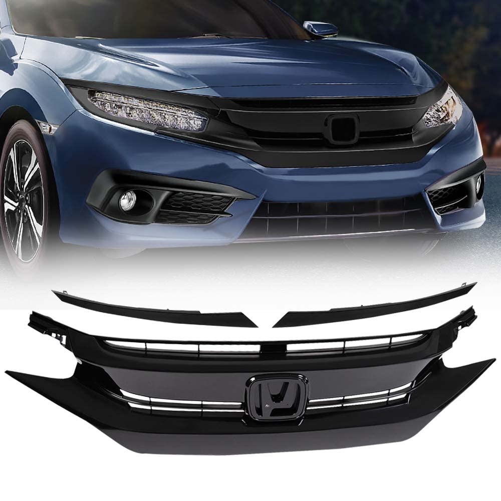 G-PLUS Front Bumper Grille w/Eye Lid Compatible with Honda Civic 10th Gen 2016 2017 2018 Front Upper Hood Grill Factory Style ABS Plastic