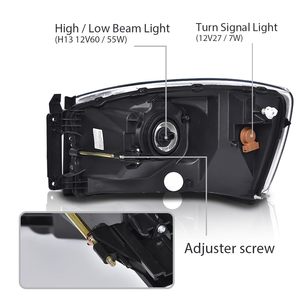 G-PLUS Headlights w/Bulbs Right Passanger Side Compatible with Dodge Ram 1500 2006-2008/Fit Dodge Ram 2500 3500 2006-2009,Clear Lens Chrome Housing Amber Reflector Bumper Headlamps,faros Assembly