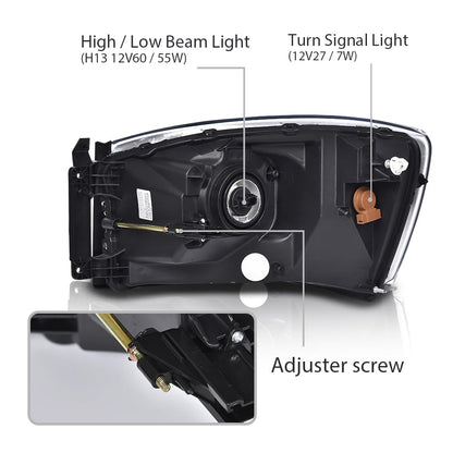 G-PLUS Headlights w/Bulbs Right Passanger Side Compatible with Dodge Ram 1500 2006-2008/Fit Dodge Ram 2500 3500 2006-2009,Clear Lens Chrome Housing Amber Reflector Bumper Headlamps,faros Assembly