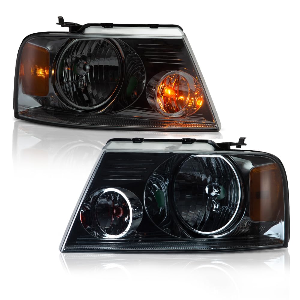 G-PLUS Headlights Assembly, Fit 2004-2008 Ford F150/2006-2008 Lincoln Mark Lt(NOT Fit 2004 F150 Heritage/Flareside Beds),Headlamps Smoky lens Chrome Housing Amber Reflector, faros delanteros