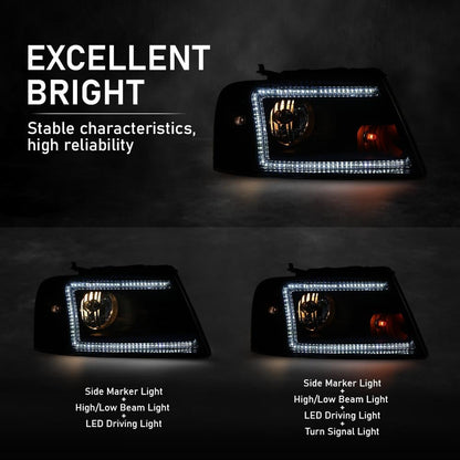 G-PLUS LED DRL Headlights Assembly Fit Ford F150 2004-2008,Fit Lincoln Mark LT 2006-2008, NOT Fit 2004 F150 Heritage/Flareside Beds,Headlamps Smoky Lens Black Housing Clear Reflector,faros delanteros