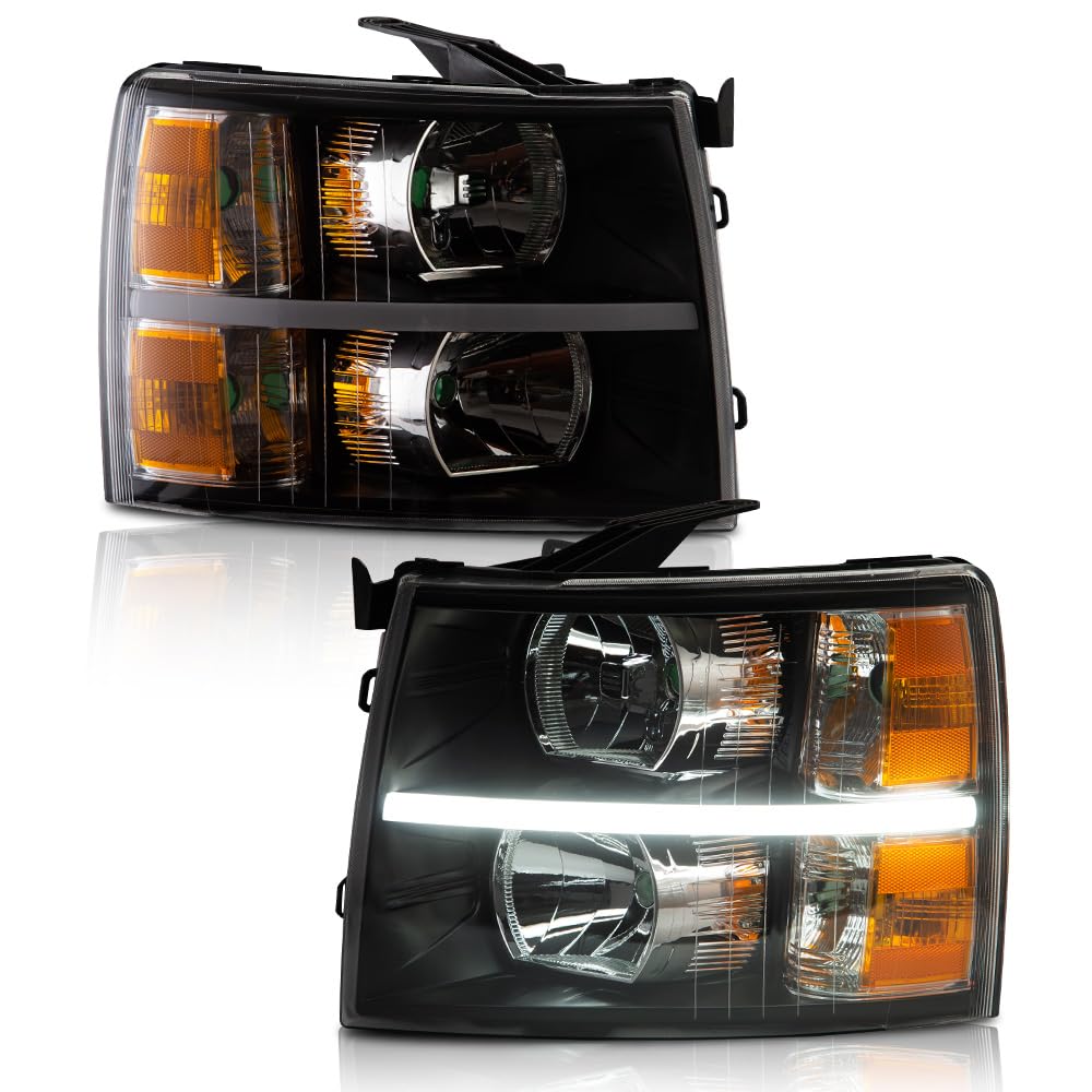 G-PLUS LED Headlights Assembly Fit Chevy Silverado 1500 2007-2013/Fit Silverado 2500 HD 3500 HD 2007-2014,Left & Right Corner Headlamps,Smoky Lens Chrome Housing Amber Reflector,faros delanteros