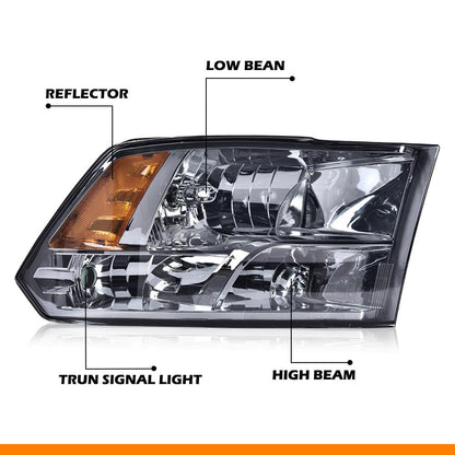 G-PLUS Quad Headlights Fit Dodge Ram 1500-3500 (2009-2012 New Body) - Smoky Lens, Chrome Housing, Amber Reflector Bumper Headlamps,faros delanteros Assembly