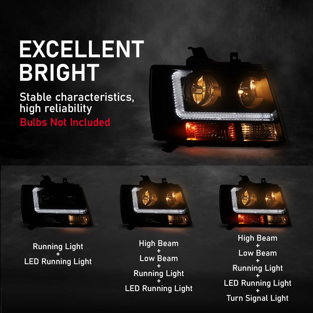 G-PLUS LED Headlights Assembly Front Headlamps Fit Chevy Tahoe Suburban 1500 2007-2014,Fit Chevy Avalanche Suburban 2500 2007-2013 Clear Lens Black Housing Clear Reflector,faros delanteros