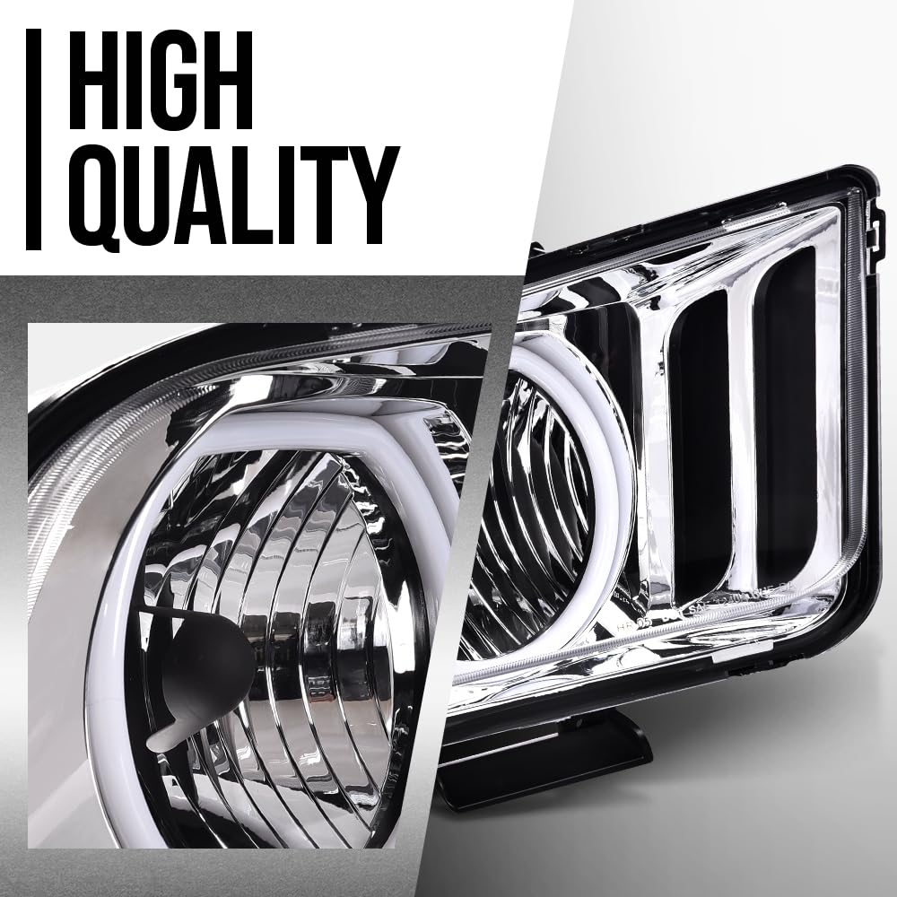 G-PLUS LED Headlights Assembly Compatible with Ford Mustang 2005-2009 7R3Z13008D, 7R3Z13008C Bumper Headlamps Left & Right Clear Lens Chrome Housing Amber Reflector faros delanteros
