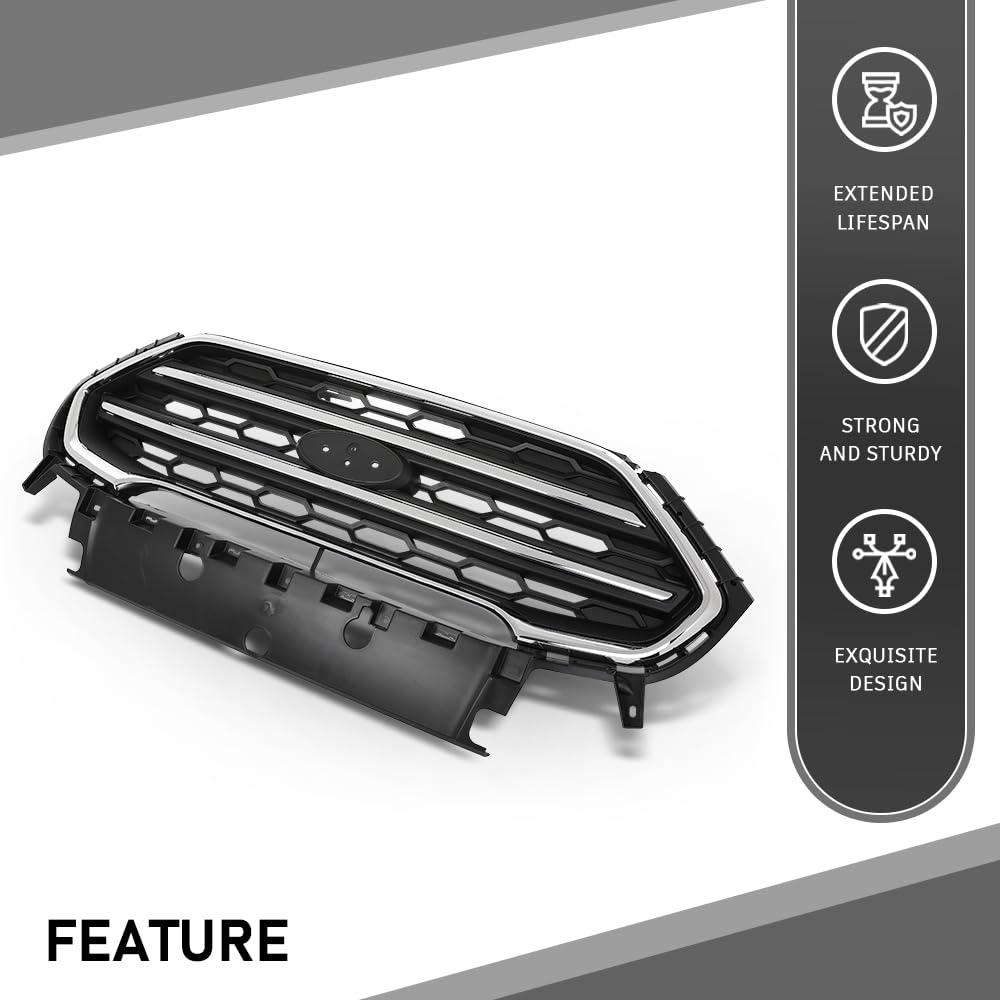 G-PLUS Front Bumper Upper Grille Assembly, Compatible with Ford Ecosport 2018-2022, Chrome & Black, GN15-17B968-AAW