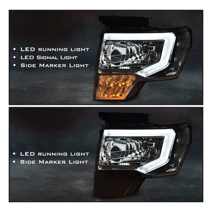 G-PLUS Headlights Assemblies LED Tube Compatible with Ford F150 2009-2014 Headlamps Driver Side & Passenger Side Clear Lens Chrome Housing Clear Reflector