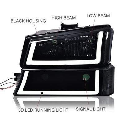G-PLUS LED DRL headlights, Compatible with 2003 2004 2005 2006 Chevy Silverado 1500/1500 HD/2500 HD/3500 Bumper Headlamps, Smoky Lens Black Housing Clear Reflector,faros delanteros