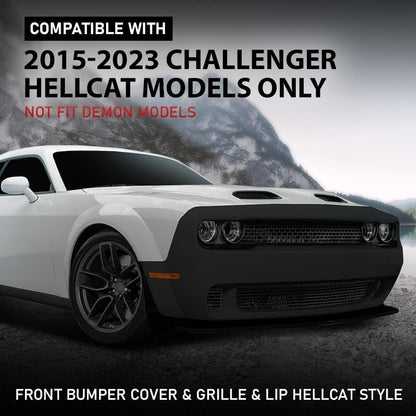 G-PLUS Front Bumper Kit Cover & Grille & Lip & Fog Light Covers Fit 2015 2016 2017 2018 2019 2020 2021 2022 2023 Dodge Challenger Hellcat Style Full Bumper Replacement, Not Fit Demon Models Black