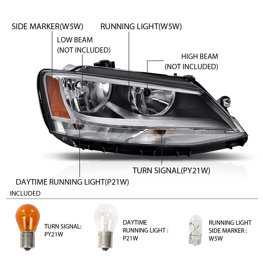 G-PLUS Headlights Headlamps w/Bulbs Right Passenger Compatible with Volkswagen Jetta 2011-2018 5C7941006, VW2503146 Clear Lens Chrome Housing Amber Reflector