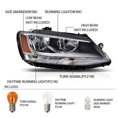 G-PLUS Headlights Headlamps w/Bulbs Right Passenger Compatible with Volkswagen Jetta 2011-2018 5C7941006, VW2503146 Clear Lens Chrome Housing Amber Reflector