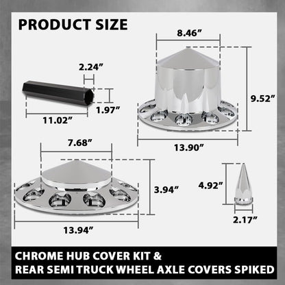 G-PLUS Front & Rear Wheel Cover Chrome Hub Cover Kit 33mm Spiked Hub Axle Compatible with Semi-Trucks 20", 22.5" and 24.5" Hub Piloted Wheels