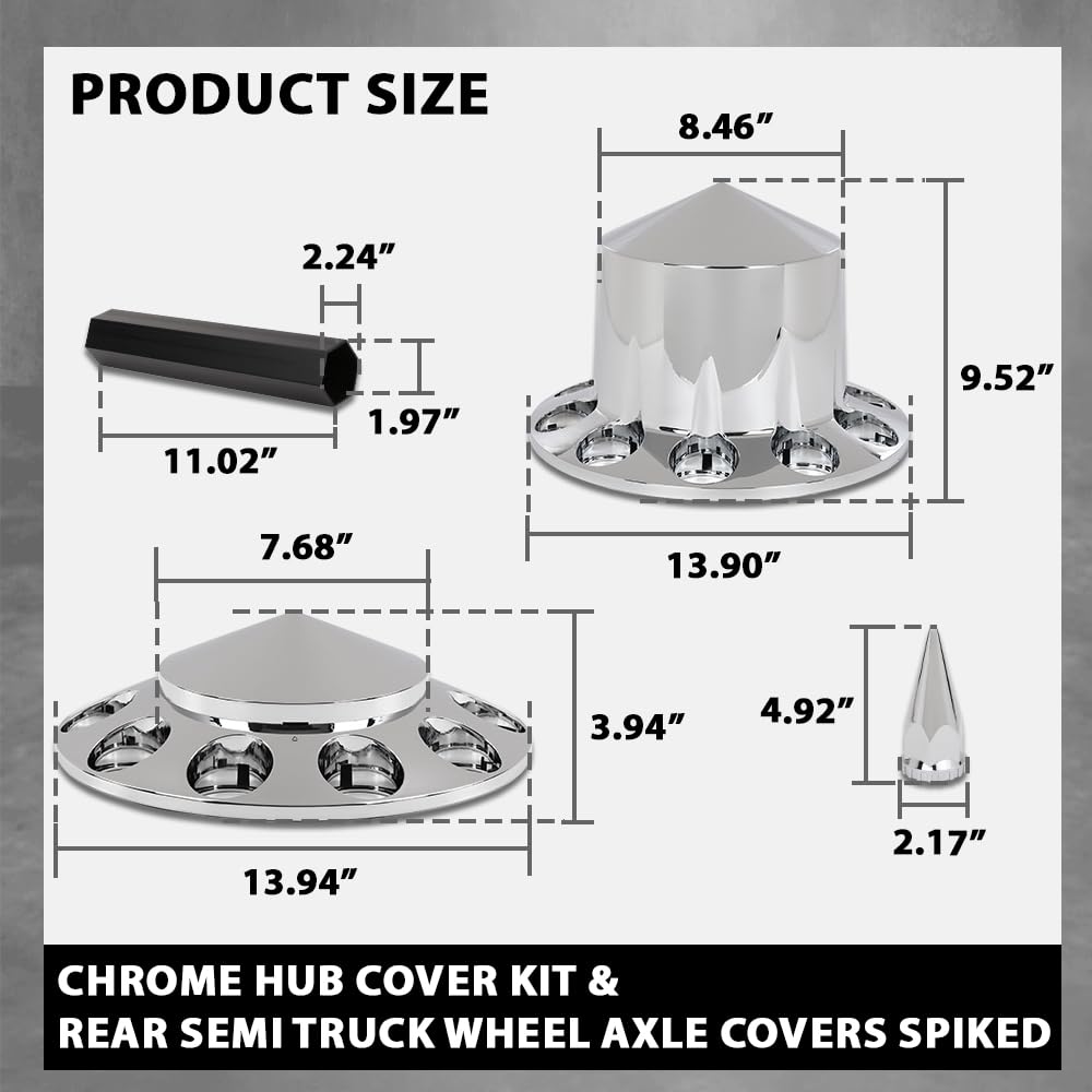 G-PLUS Chrome Hub Cover Kit, 33mm Front & Rear Semi Truck Wheel Axle Covers Spiked, Fit Semi-Trucks 20", 22.5" and 24.5" Hub Piloted Wheels
