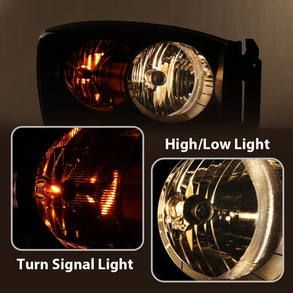 G-PLUS Headlight Assembly Front Headlamp Left&Right Side Compatible with Dodge Ram 1500 2006-2008/Fit Dodge Ram 2500 3500 2006-2009 Smoke Lens Black Housing Clear Reflector 68003125AD 68003124AD
