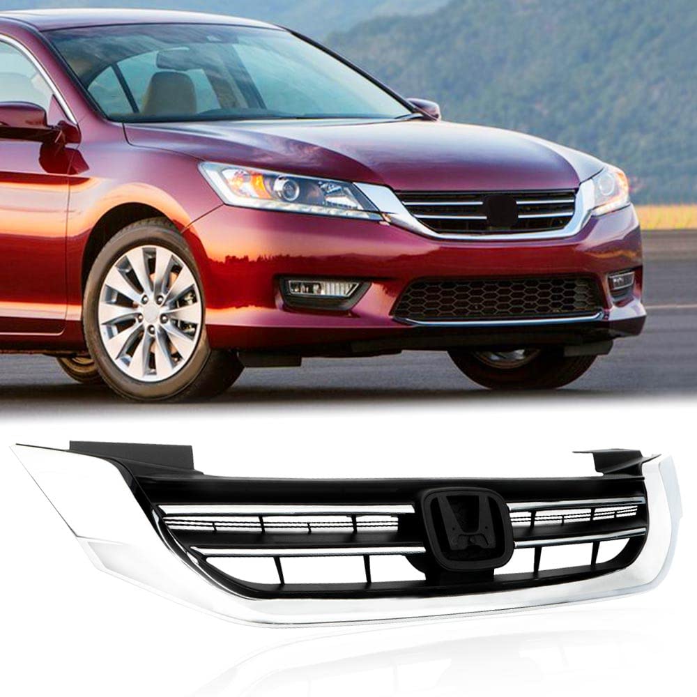 G-PLUS Front Bumper Upper Hood Grille Compatible with Honda Accord Sedan 2013 2014 2015 Replacement Black & Chrome Grill 71121T2FA01, HO1200214