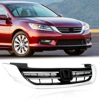 G-PLUS Front Bumper Upper Hood Grille Compatible with Honda Accord Sedan 2013 2014 2015 Replacement Black & Chrome Grill 71121T2FA01, HO1200214