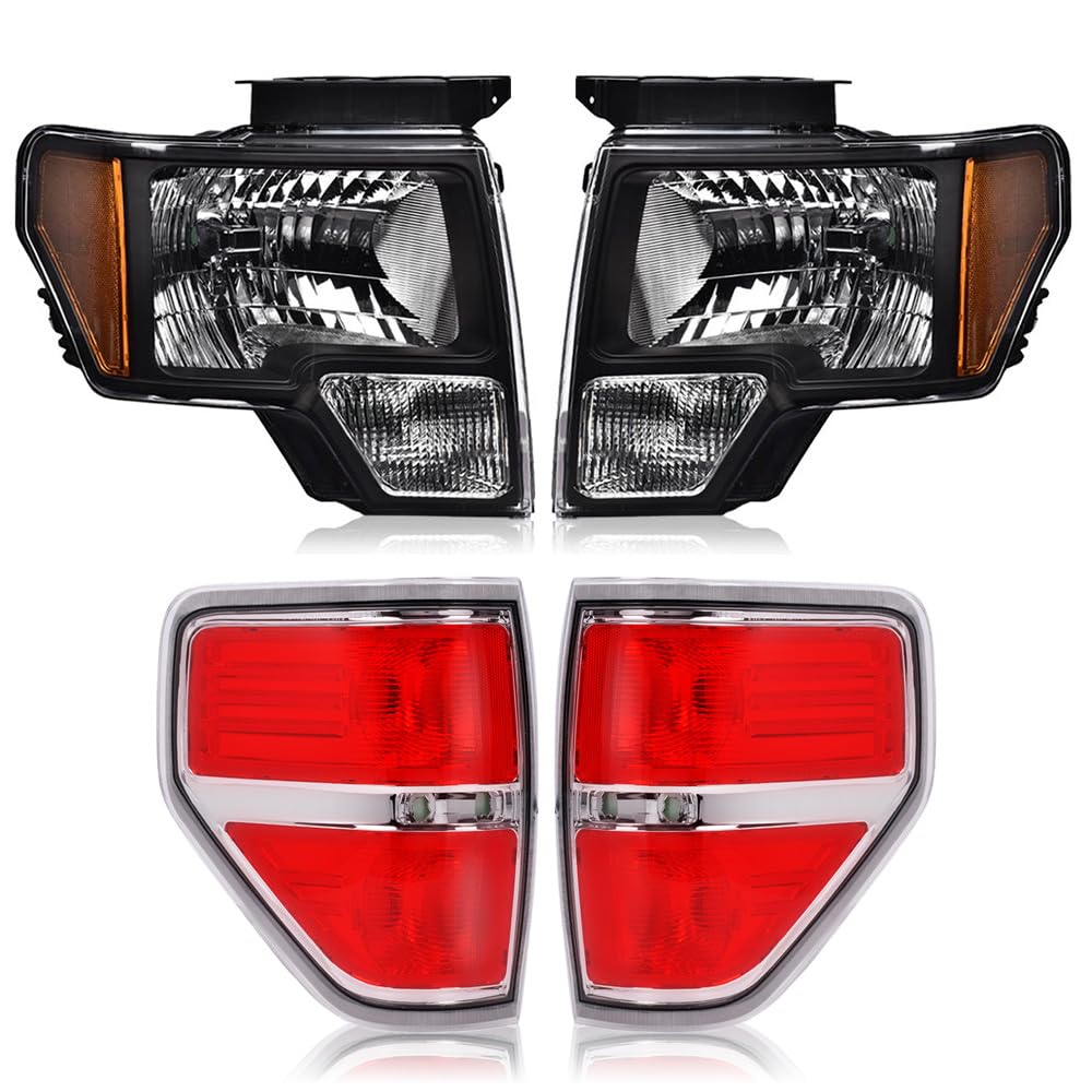 G-PLUS Headlights & Tail Lights Compatible with 2009-2014 Ford F150 09-14 Headlamps + Taillamps Pair Not Fit LED style (Clear Lens Black Housing Amber Reflector Headlights + Tail lights)