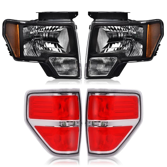 G-PLUS Headlights & Tail Lights Compatible with 2009-2014 Ford F150 09-14 Headlamps + Taillamps Pair Not Fit LED style (Clear Lens Black Housing Amber Reflector Headlights + Tail lights)