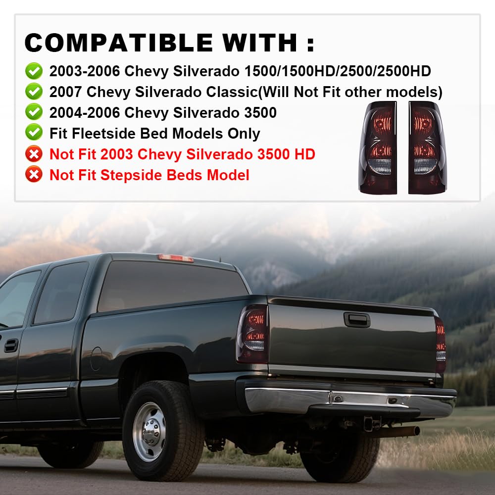 G-PLUS LED Headlights Assembly + Tail Lights Fit Chevy Silverado 1500 1500 HD 2500 2500 HD 2003-2006, Smoky Lens Black Housing Amber Reflector Headlamps Assembly Dark Red Taillights