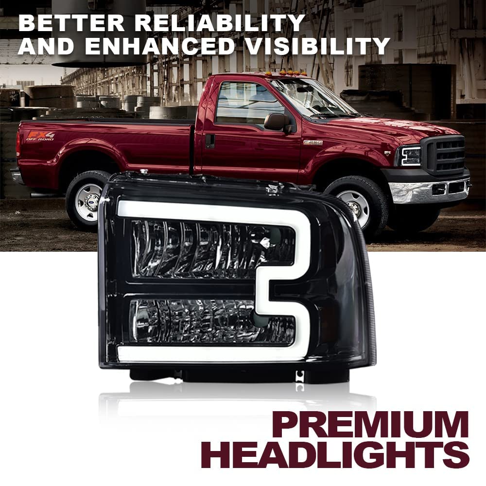 G-PLUS LED DRL Headlights, Compatible with Ford F250 F350 F450 F550 Super Duty 2005-2007 Bumper Headlamps, Smoky Lens Chrome Housing Amber Reflector 6C3Z13008DB FO2502217