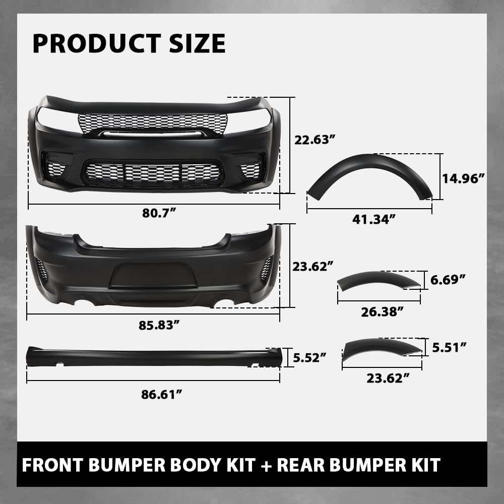 G-PLUS Front Rear Bumper Body Kit Compatible with Dodge Charger SRT Style 2015-2023 Widebody Full Bumper Replacement Assembly