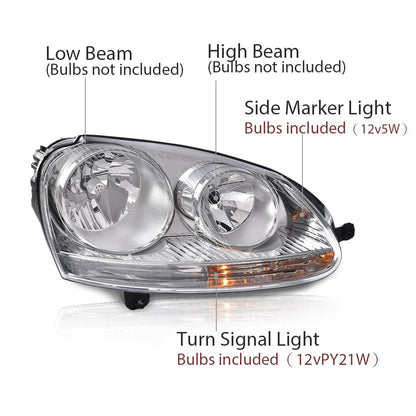 G-PLUS Headlights Assembly Set w/Bulbs Compatible with Volkswagen Jetta 2005-2010/ Fits Volkswagen Rabbit 2006-2009 Left and Right Clear Lens Chrome Housing Bumper Headlamps,faros delanteros