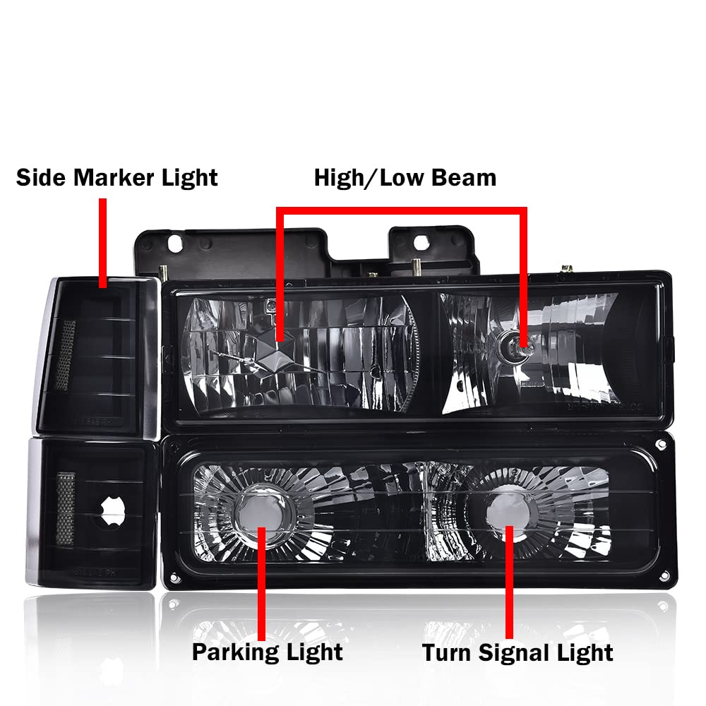 G-PLUS Headlights Assembly, Fit 1994 1995 1996 1997 1998 1999 GMC C1500 K1500 Yukon Bumper Headlamps, Smoky Lens Black Housing Clear Reflector