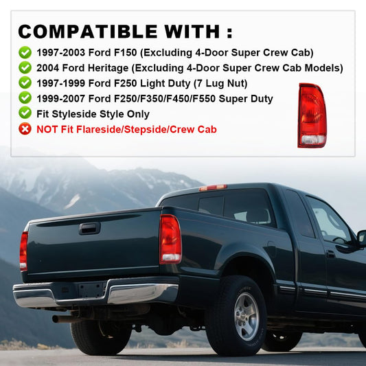 G-PLUS Red Tail Light w/o Bulbs & Wire Harness Compatible with Ford F150 Stepside 1997-2004/Fit F250 F350 F450 F550 Super Duty 1999-2007, FO2801117 Passenger Side Luces Traseras Faros TraserosAssembly