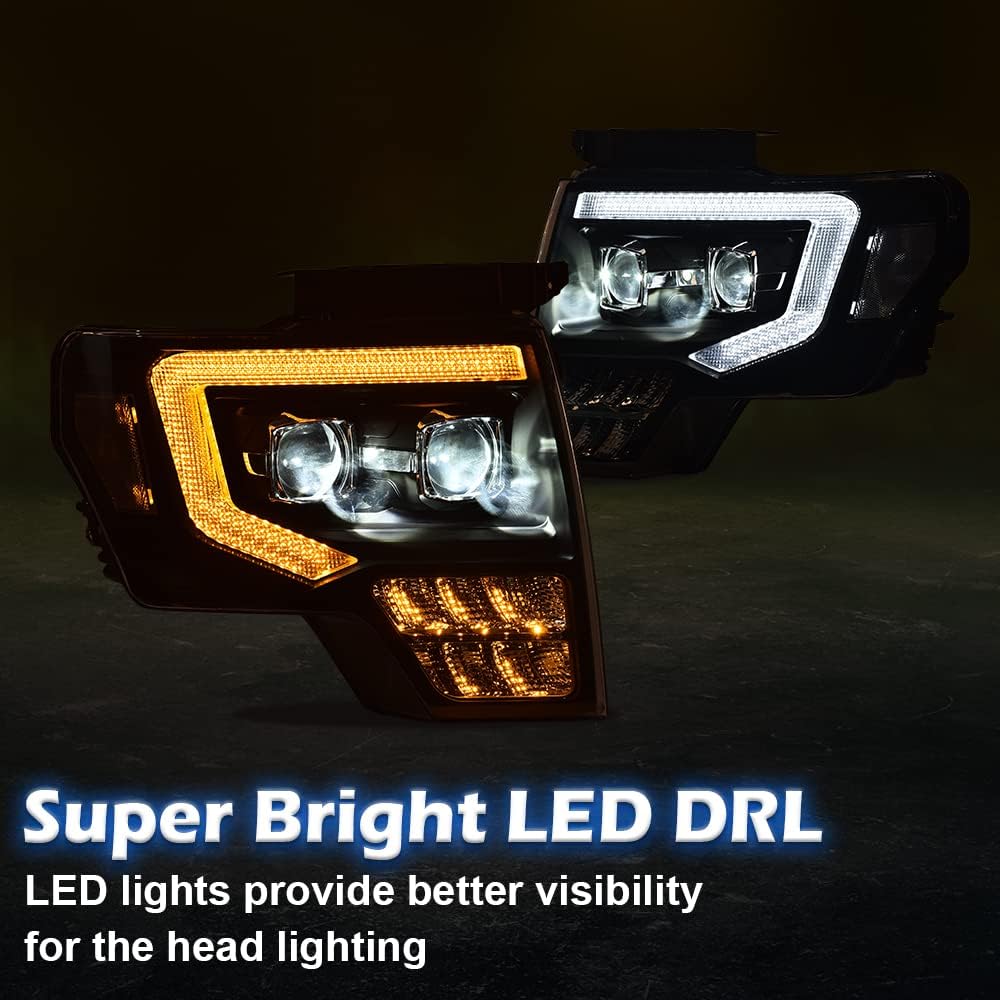 G-PLUS Headlights Assembly, Compatible with 2009-2014 Ford F150(Only Fit LED Style,NOt Fit without LED Style) Bumper Headlamps,Clear Lens Black Housing Clear Reflector,faros delanteros