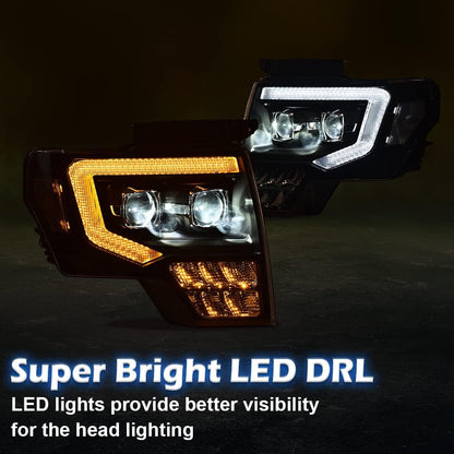 G-PLUS Headlights Assembly, Compatible with 2009-2014 Ford F150(Only Fit LED Style,NOt Fit without LED Style) Bumper Headlamps,Clear Lens Black Housing Clear Reflector,faros delanteros