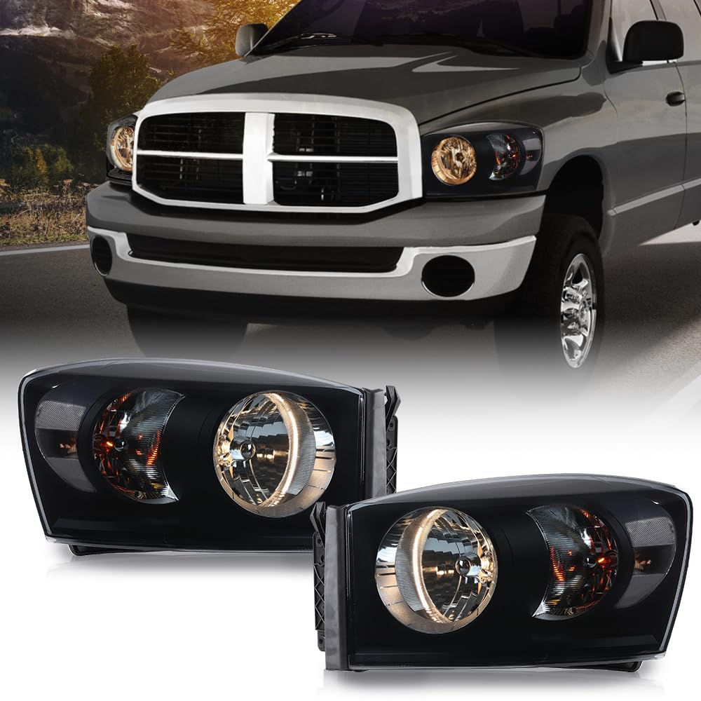 G-PLUS Headlight Assembly Front Headlamp Left&Right Side Compatible with Dodge Ram 1500 2006-2008/Fit Dodge Ram 2500 3500 2006-2009 Smoke Lens Black Housing Clear Reflector 68003125AD 68003124AD