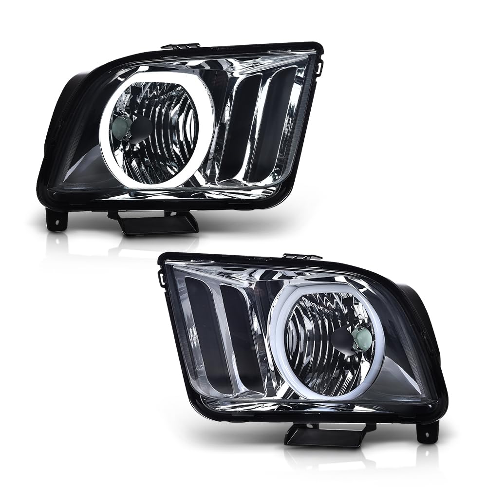 G-PLUS LED DRL Headlights, Compatible with Ford Mustang 2005-2009/Not Fit Factory Xenon HID Model Bumper Headlamp, Smoky lens Chrome Housing Amber Reflector Left & Right