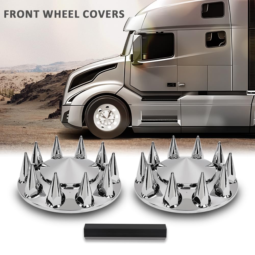 G-PLUS Front Wheel Covers Set Chrome Hub Cover 33mm Spiked Hub Axle Compatible with Semi-Truck 20",22.5" and 24.5" Wheels ABS Plastic Silver Pair