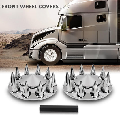 G-PLUS Front Wheel Covers Set Chrome Hub Cover 33mm Spiked Hub Axle Compatible with Semi-Truck 20",22.5" and 24.5" Wheels ABS Plastic Silver Pair