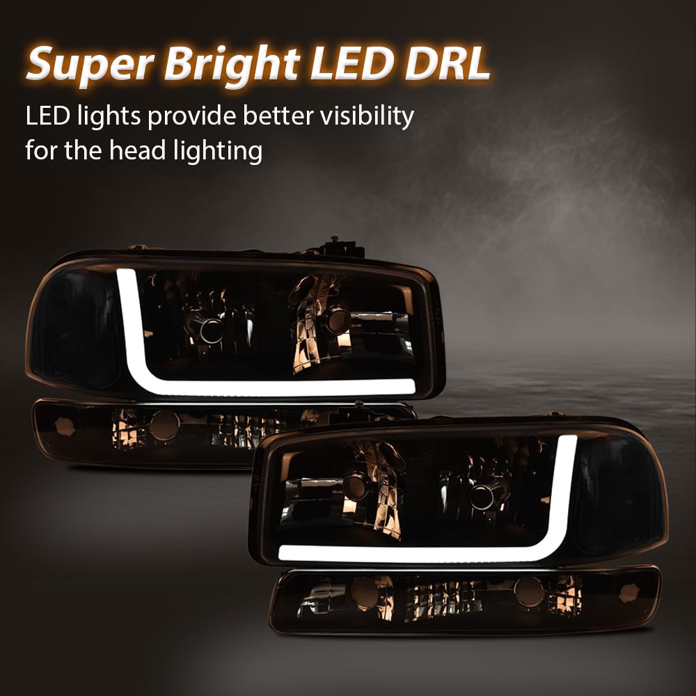 G-PLUS LED Headlights Assembly Compatible with 1999-2007 GMC Sierra 1500HD 2500HD 3500/Fit 1999-2006 GMC Yukon XL 1500 2500,DRL Headlamps Pair Smoky Lens Black Housing Clear Reflector,faros delanteros