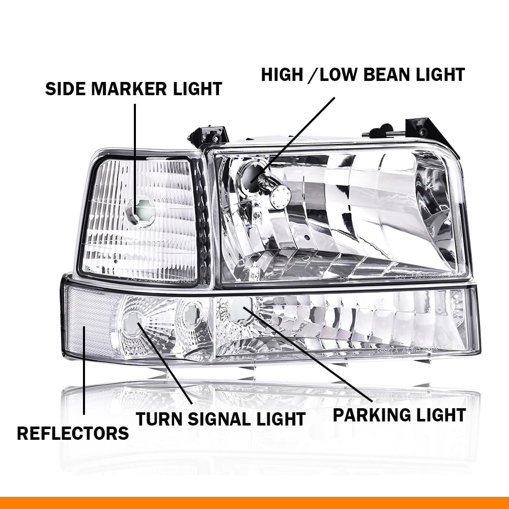 G-PLUS Headlights Fit 1992-1996 Bronco/1992-1996 Ford F150 F250 F350 Super Duty,97 9th Old Body Style Headlamps w/Corner Signal Clear Lens Chrome Housing Clear Reflector,faros delanteros