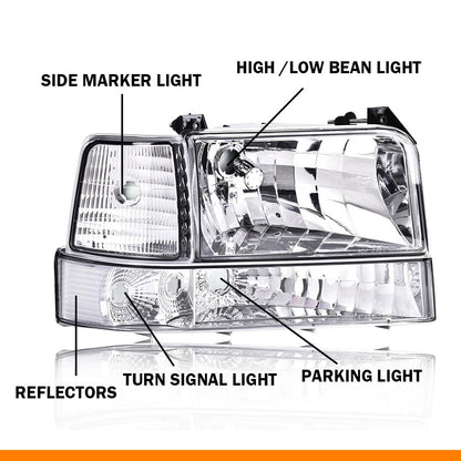 G-PLUS Headlights Fit 1992-1996 Bronco/1992-1996 Ford F150 F250 F350 Super Duty,97 9th Old Body Style Headlamps w/Corner Signal Clear Lens Chrome Housing Clear Reflector,faros delanteros