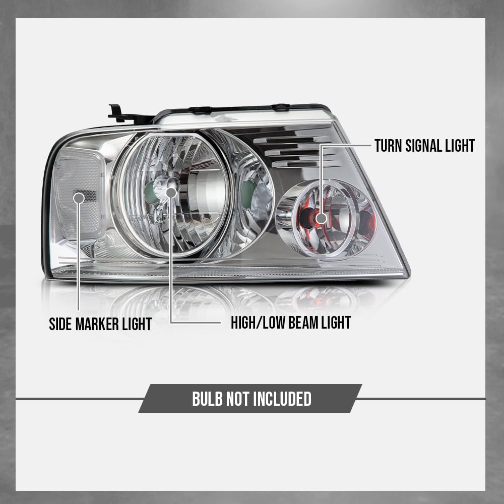 G-PLUS Headlights Assembly, Fit 2004-2008 Ford F150/ 2006-2008 Lincoln Mark Lt(NOT Fit 2004 F150 Heritage/Flareside Beds), Clear Lens Chrome Housing Clear Reflector Bumper Headlamps