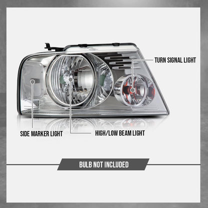 G-PLUS Headlights Assembly, Fit 2004-2008 Ford F150/ 2006-2008 Lincoln Mark Lt(NOT Fit 2004 F150 Heritage/Flareside Beds), Clear Lens Chrome Housing Clear Reflector Bumper Headlamps