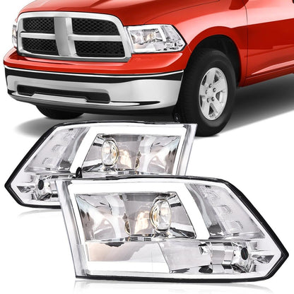 G-PLUS LED DRL Headlights - Fit Dodge Ram 1500-3500 (2009-2012), Quad, Clear Lens, Chrome Housing, Clear Reflector Bumper Headlamps,faros delanteros Assembly