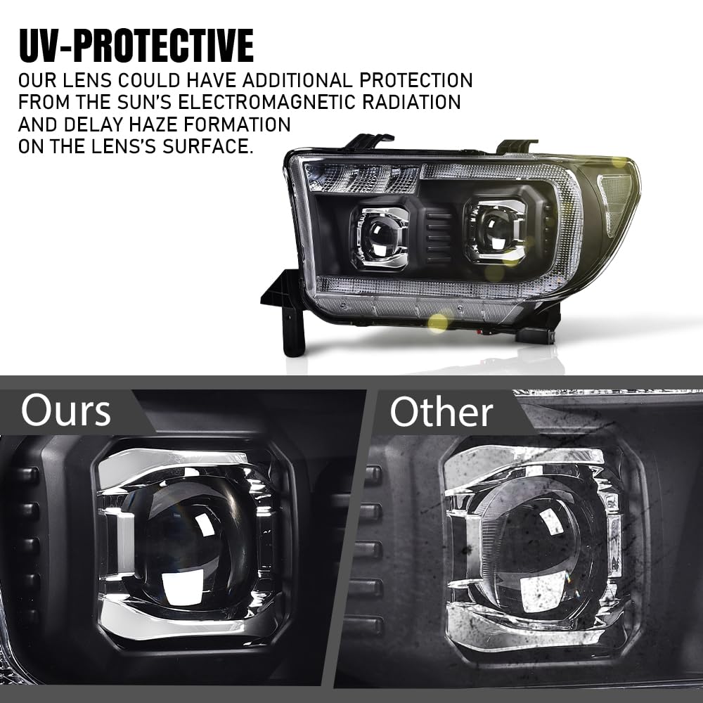 G-PLUS LED Tube Projector Headlights Assembly Compatible with Toyota Tundra 2007-2013, Fit Toyota Sequoia 2008-2017 Left & Right Headlamps, Clear Lens Black Housing Clear Reflector, TO2502171