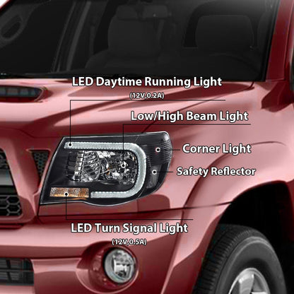 G-PLUS LED DRL Tube Halo Projector Headlights w/o Bulbs, Fit For Toyota Tacoma 2005 2006 2007 2008 2009 2010 2011 Headlamps Clear Lens Black Housing Clear Reflector 8115004163, 8111004163