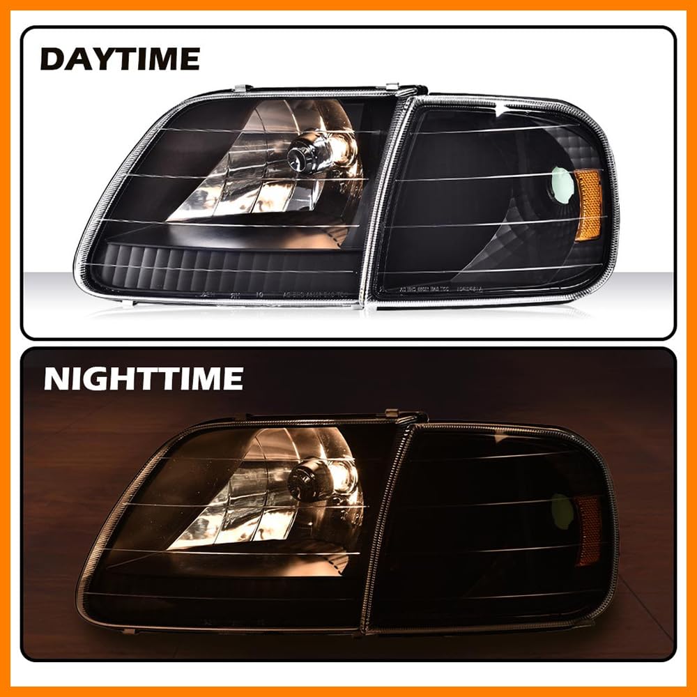 G-PLUS Headlights Assembly with Bulbs, Compatible with Ford Expedition 1997-2002/Fit Ford F150 1998-2003/Fit F250 1997-1999 Bumper Headlamp, Clear lens Black Housing Amber Reflector