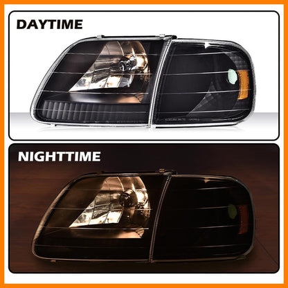 G-PLUS Headlights Assembly with Bulbs, Compatible with Ford Expedition 1997-2002/Fit Ford F150 1998-2003/Fit F250 1997-1999 Bumper Headlamp, Clear lens Black Housing Amber Reflector