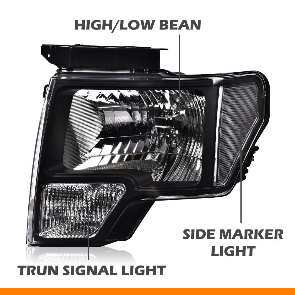 G-PLUS Headlights Assembly, Compatible with Ford F150 2009 2010 2011 2012 2013 2014 (NOT Fit LED Style,Only Fit without LED Style) Bumper Headlamp,Clear lens Black Housing Clear Reflector