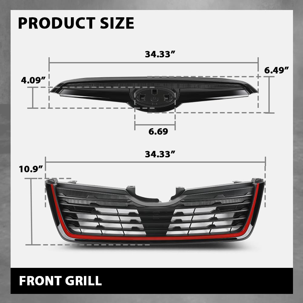 G-PLUS Front Grill w/Camera Hole Gloss Black w/Red Line Compatible with Subaru Forester 2019-2021 91121SJ040