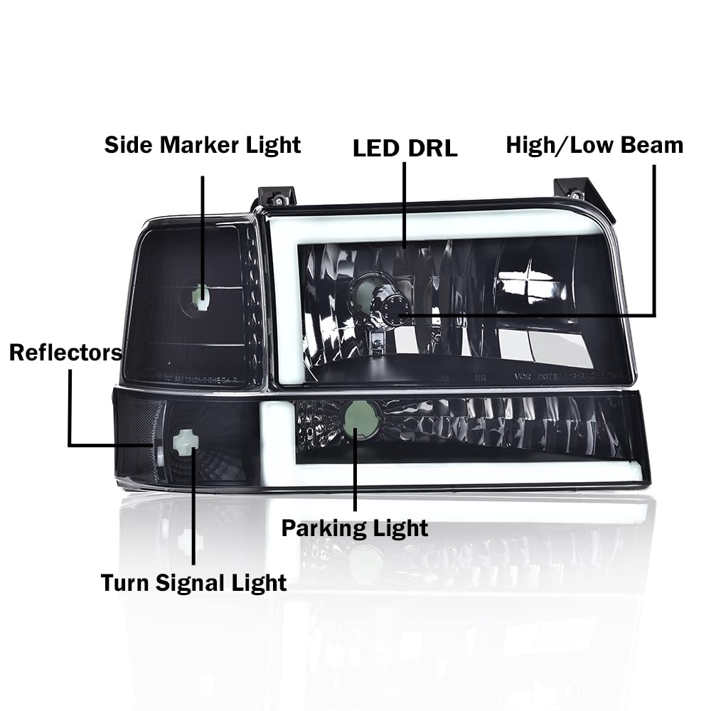 G-PLUS LED DRL Headlights, Compatible with 1992 1993 1994 1995 1996 Ford Bronco F150 F250 F350,Fits Models with Halogen Headlights Only,Bumper Headlamp, Clear lens Chrome Housing Amber Reflector
